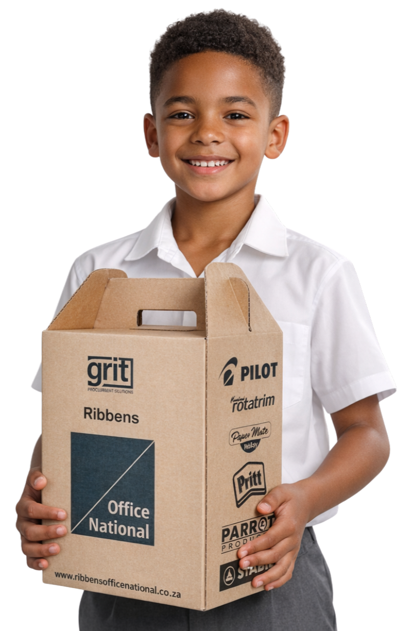 Happy Monte Vista primary school learner with stationary box.